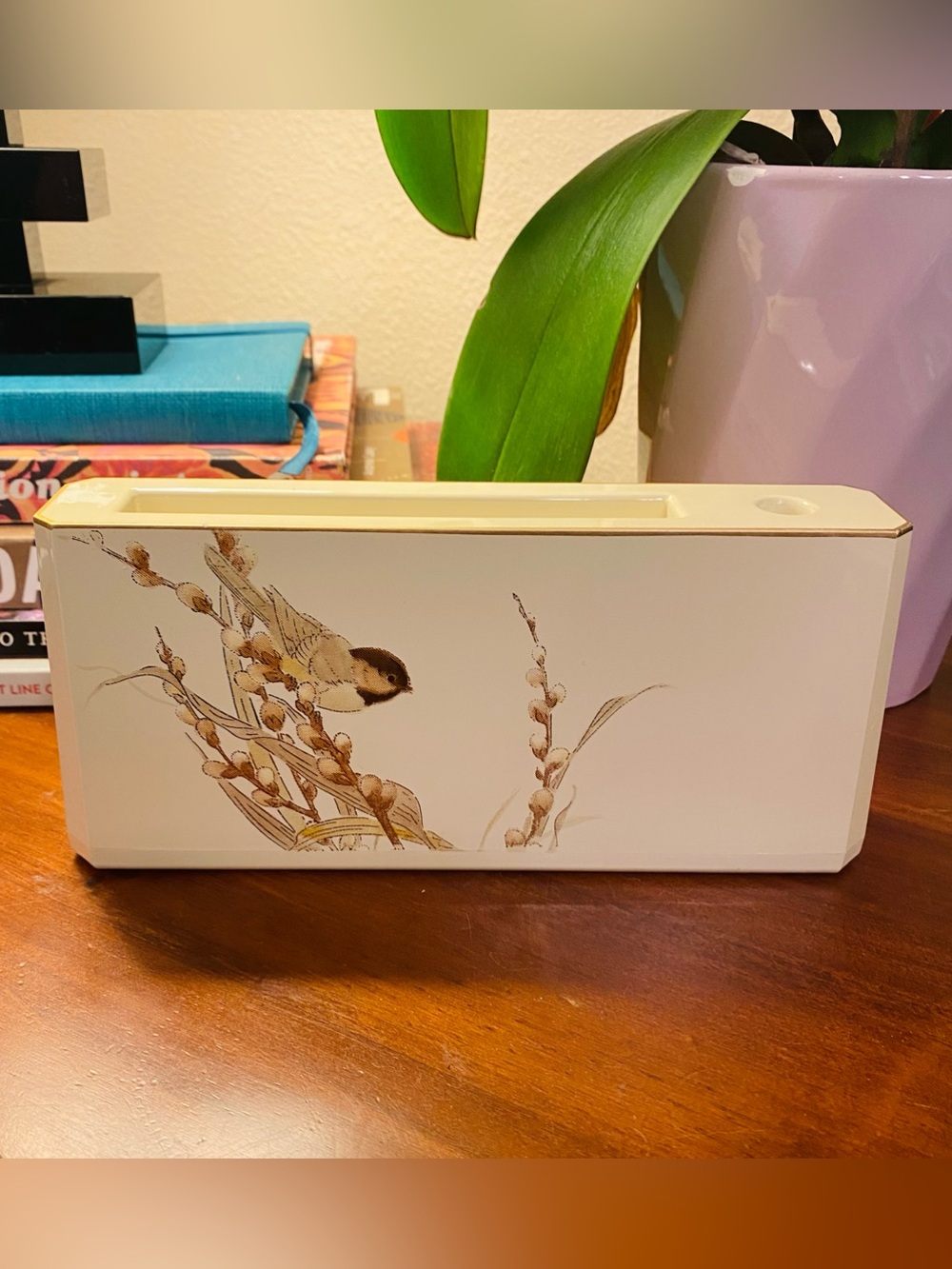 VTG Otagiri Lacquerware Desk Organizer Chickadee Bird Branch Willows Pen Holder - Picture 1 of 9